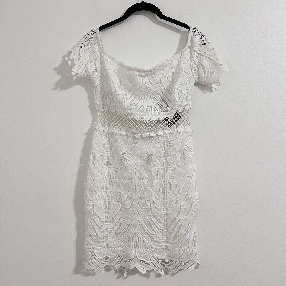 Fashion Nova White Dessert First Crochet Short Dress Size M Off Shoulder Wedding